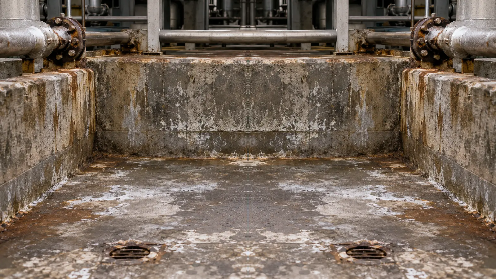 Conceptual process-area surface showing corrosion and chemical exposure before protection